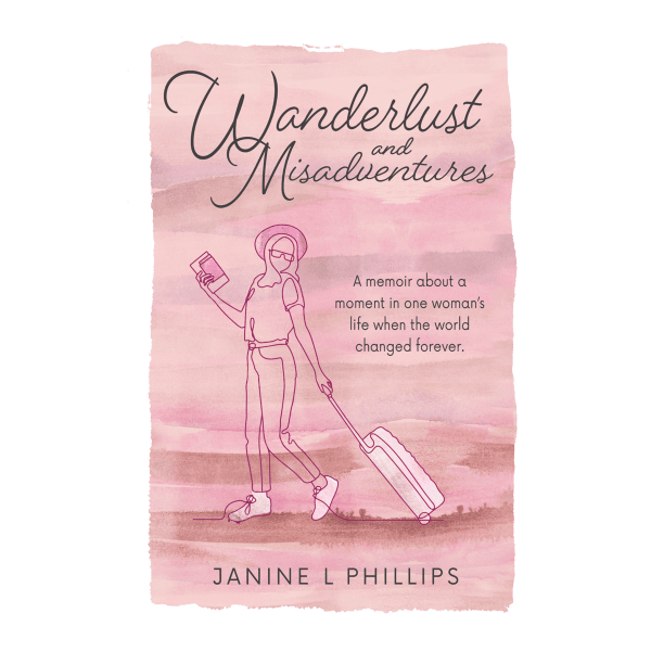 The cover of the Wanderlust and Misadventures papaerback book. It has a pink watercolour wash front cover with an outline of a women holding a book and walking with her suitcase towards an adventure.