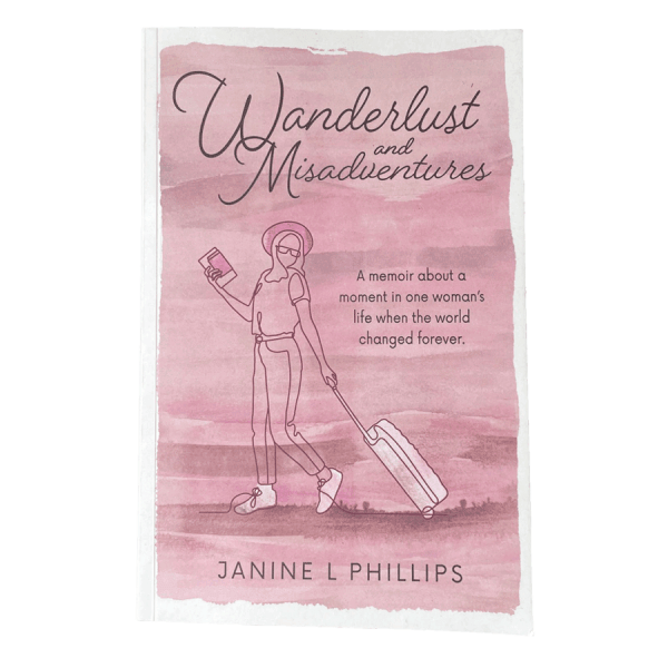Picture of the Wanderlust and Misadventures paperback front cover. It has a pink watercolour wash front cover with an outline of a women holding a book and walking with her suitcase towards an adventure.
