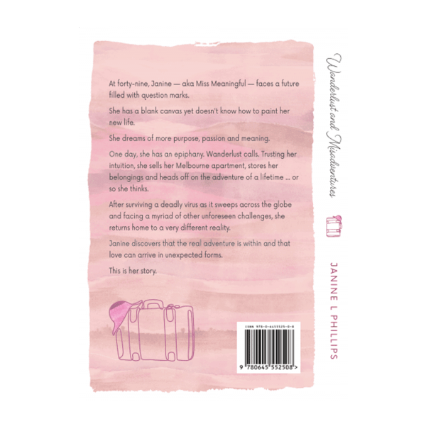 The back cover of the Wanderlust and Misadventures paperback book. It has a pink watercolour wash (same as the front cover) a description of the book on the back and a stencil outline image of a suitcase and a hat sitting on the corner of it.